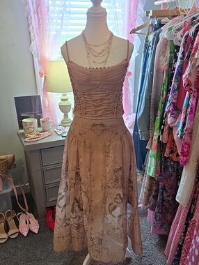 Dusty Rose Lace-Up Midi Two Pc. Bustier Midi Skirt with Delicate Floral Print